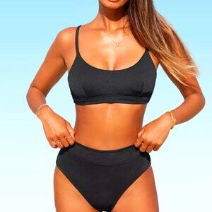 CUPSHE BLACK RIBBED BANDEAU TANK & HIGH WAIST HIGH CUT BIKINI BOTTOM SIZE XS NWT
